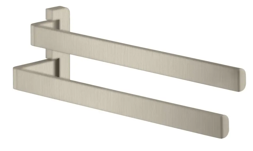 Zweiarmer Handtuchhalter in gebürstetem Nickel, montiert an der Wand. Das Produkt gehört zur AXOR Serie und bietet eine moderne Lösung für die Handtuchaufbewahrung.